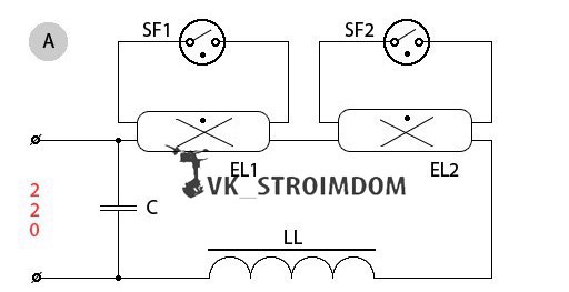 Схема включения люминесцентной лампы со стартером